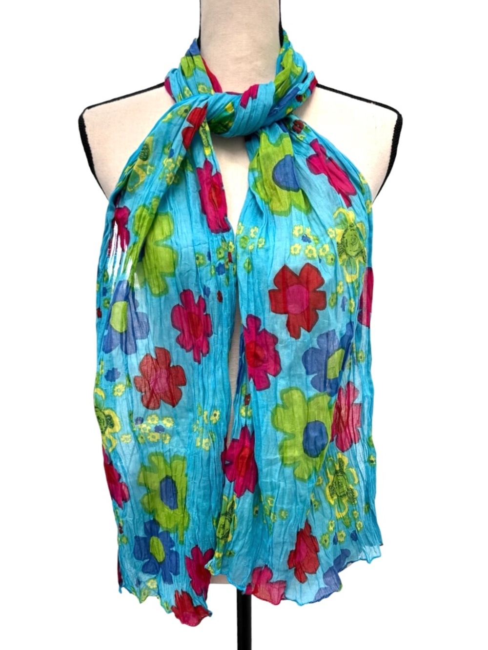 SAYAMI NEW YORK AQUA BLUE MULTICOLOR FLORAL BOHO CRINKLE RECTANGLE SCARF